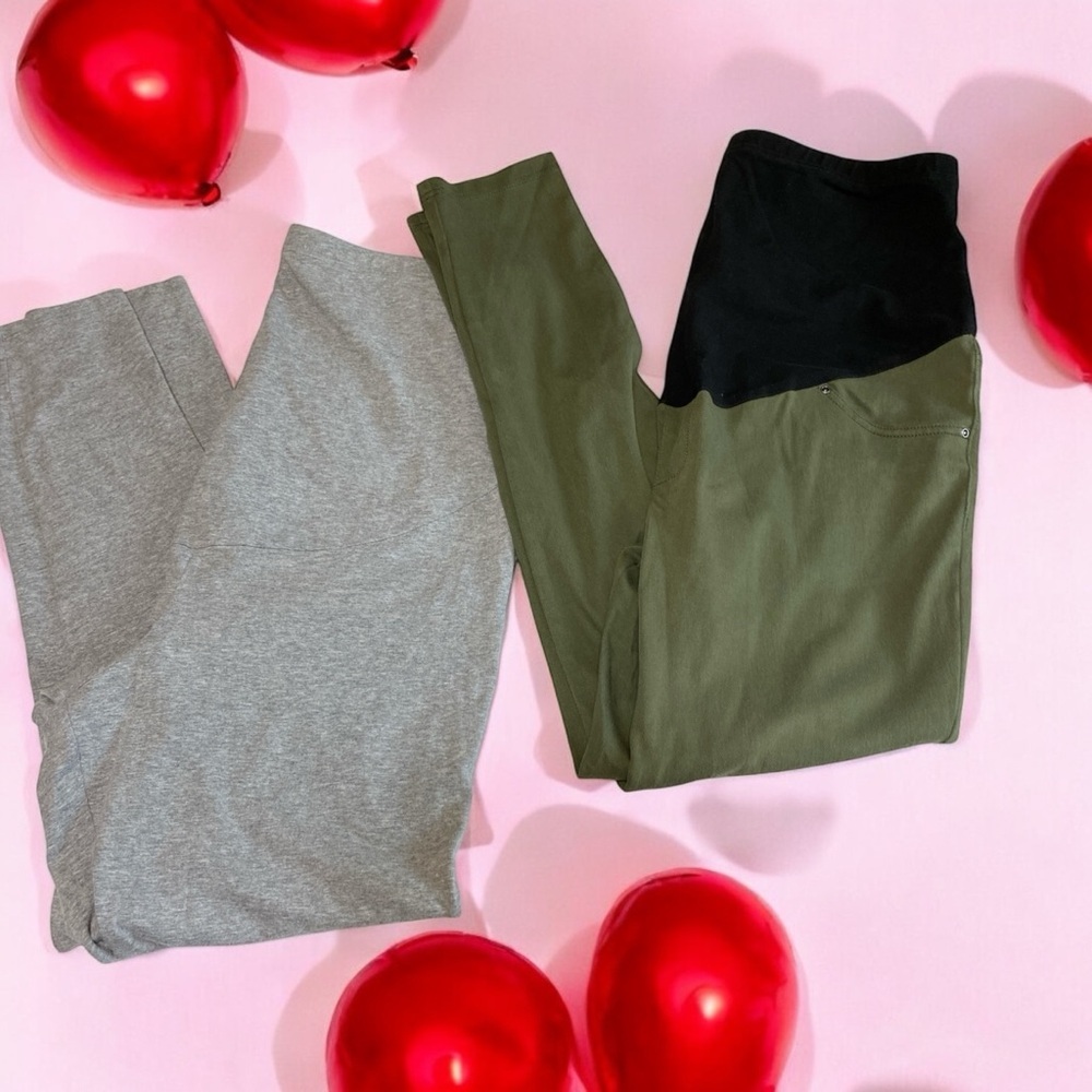 Maternity bundle of gray & green stretch leggings large (12-14)